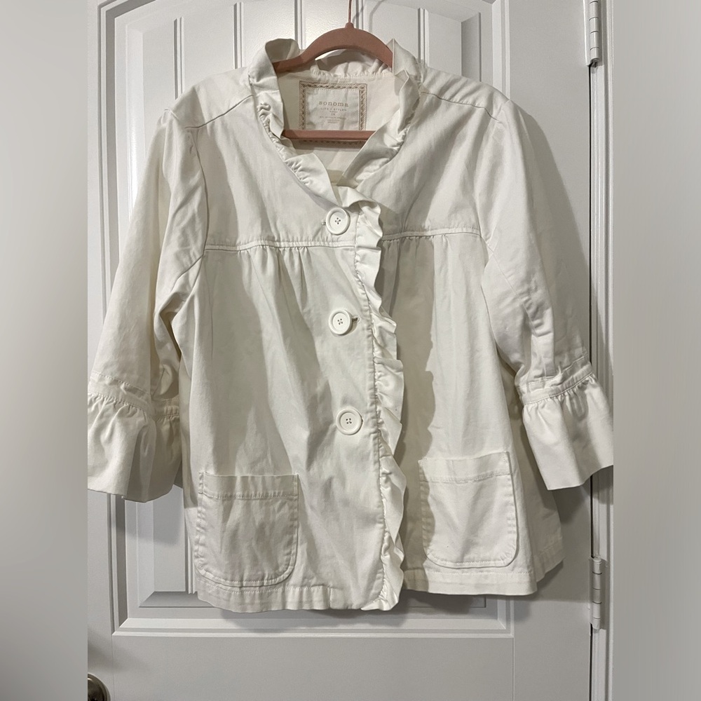 Sonoma ruffle 3/4 sleeve crop cotton jacket oversized buttons ADORABLE white 2X